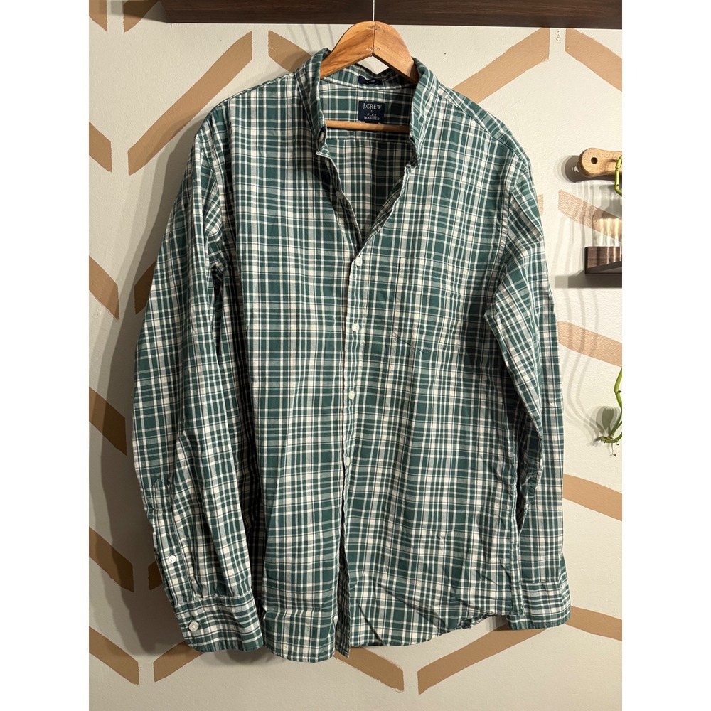 J.Crew Button Up Mens Large Green White Checkered Slim Fit Flex Washed CB239